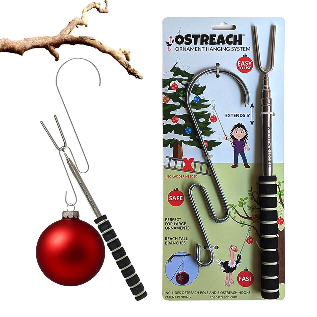 Ornament Hanging Tool, Large Ornament Hooks, Telescopic Pole, Christmas Ornament Hanger Tool, Ostreach Ornament Hanging System